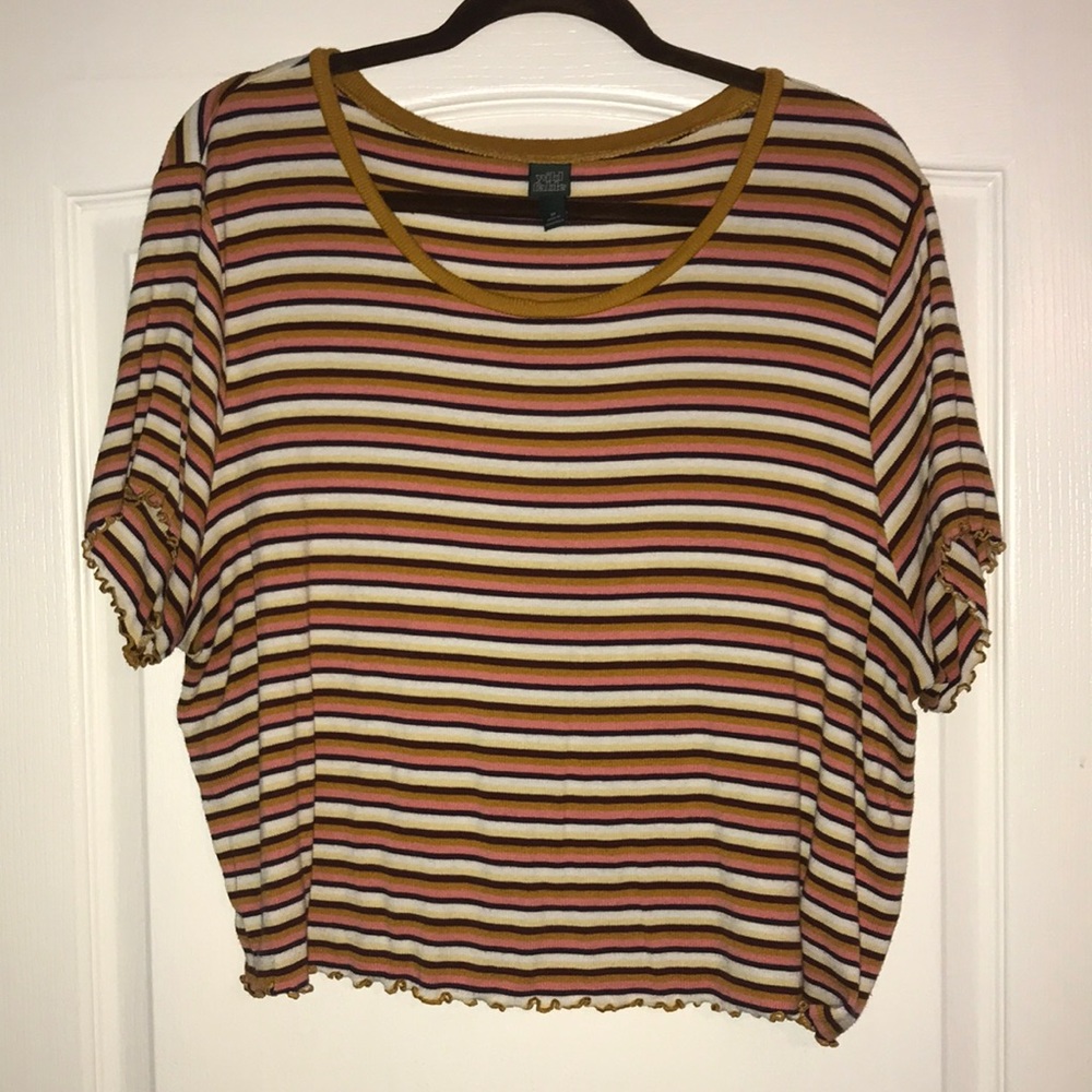 Striped Short Sleeve Round Neck Lettuce Edge Baby T-Shirt